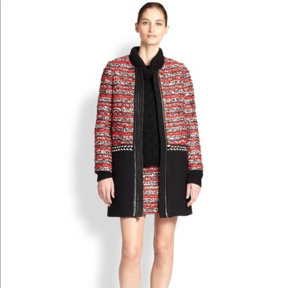 Milly Woven Bouclé Red Black Leather Trim Coat, Size 4